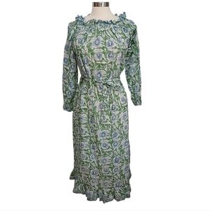 Karni | 100% Cotton Damask Batik Floral Smocked Puff Sleeve Mud Length Dress XS
